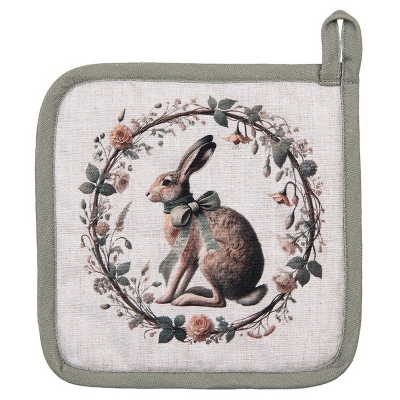 Presina da cucina in cotone decorato con lepre con fiocco verde in ghirlanda, perfetto come regalo di Pasqua